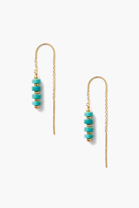 These lively thread-thru earrings feature stacked gold and turquoise heishi bead 'lanterns' on a delicate gold chain. 18k gold plated sterling silver. 1 1/4" Drop. Handmade in Vietnam. Lantern Earrings, Silver Threader Earrings, Raw Beauty, Heishi Beads, Chan Luu, Threader Earrings, Drop Earring, High Quality Jewelry, Gold Plated Sterling Silver