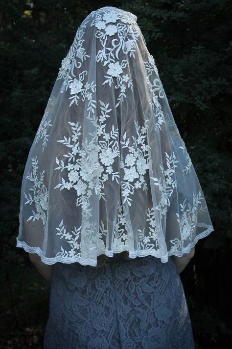 Evintage Veils~ READY TO SHIP Salve Regina Lovely Ivory Embroidered Traditional D Shape Veil Mantilla Chapel Veil Veils Floral, Catholic Veiling, Wedding Veils Virgin Mary, Catholic Wedding Dresses, Mass Veil, Veil Inspiration, Religious Veils, Chapel Veils, Veil Mantilla