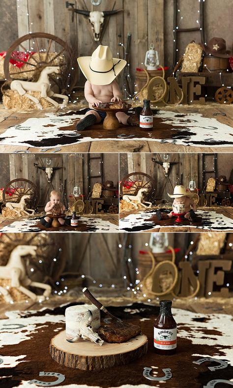 Cowboy Cake Smash Photography, Wild West Cake Smash, My 1st Rodeo Photoshoot, Steak Themed Birthday Party, Country First Birthday Pictures, Cowboy Theme Cake Smash, Western Half Birthday, My Forst Rodeo Boy Birthday, Western Cake Smash Photography