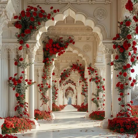 Palace Like House, Roses Art Aesthetic, Red Palace Aesthetic, Red Place Aesthetic, Red Rose Garden Aesthetic, Red Rose Decorations, Rise Of Red, Rose Garden Aesthetic, Room Full Of Roses