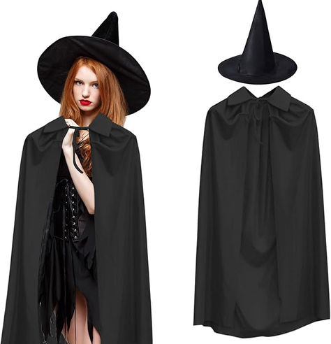 #hat #witch #halloween #costume #dressup #party #october #black # white Vampires Costume, Black Hooded Cape, Halloween Capes, Cape Costume, Wizard Hat, Witch Dress, Witch Halloween Costume, Witches Hat, Halloween Witch Hat