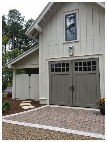 One car or golf cart storage by carriagedoor.com. 2014 Southern Living Idea House in Palmetto Bluff, SC | The Lowcountry Lady Golf Cart Storage, Garage Door Colors, Plan Garage, Carriage House Garage, Garage Addition, Palmetto Bluff, Barn Garage, Garage Door Design, Southern Living Homes