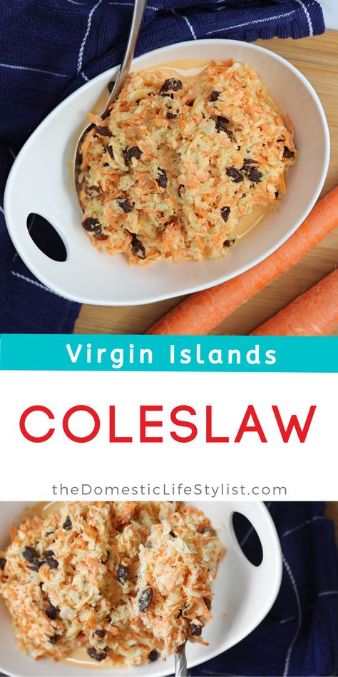 Creamy coleslaw with crunchy carrots, crisp cabbage and plump juicy raisins. A classic Virgin Islands favorite. Caribbean Slaw, Jamaican Coleslaw, Coleslaw With Raisins, Caribbean Coleslaw Recipe, Carribean Coleslaw Recipe, Carribean Cabbage, Souse Recipe, Carrot Salad Recipes, Guyanese Recipes