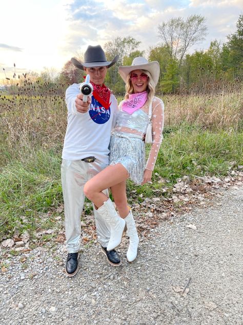 Halloween costume Space Cowboy And Alien Costume, Space Cowboys Couple Costume, Space Cowboy And Cowgirl Couple Costume, Cowboy And Alien Costume, Space Cowboy Costume Couple, Space Cowgirl Party Outfit, Cowboys And Aliens Costume, Cowboy Couples Costume, Space Cowboy Costume Men