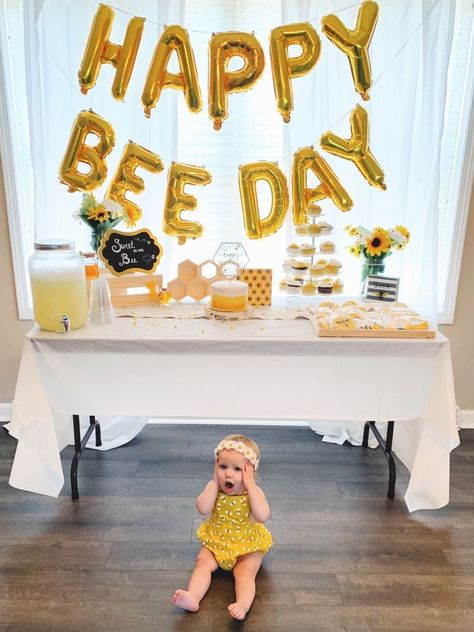 Bee Theme Photo Backdrop, Our Honey Is One Birthday, 1st Birthday Honey Bee Theme, Honey Theme Birthday Party, Bee Themed 2nd Birthday Party, 1st Birthday Party Bee Theme, First Birthday Honey Bee Theme, Bee Theme 1st Birthday Party Ideas, Bee Themed One Year Birthday