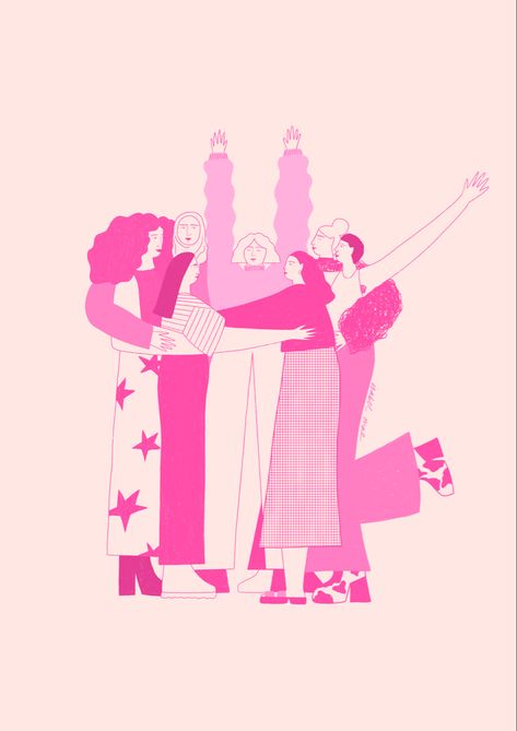 Go celebrate the amazing, wonderful women in your life. A pink, monochrome illustration of different women hugging in funky clothing Women Hugging, Monochromatic Illustration, Hug Illustration, Pink Monochrome, Funky Clothing, Monochrome Illustration, Woman Illustration, Love Illustration, People Illustration