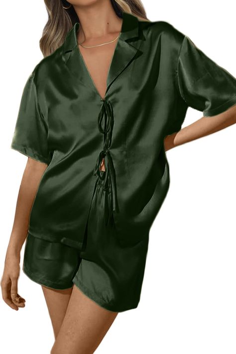 PRICES MAY VARY. Excellent quality: 97% Polyester+3% Spandex,breathable and thin fabric,which makes you feel soft and comfy and have a sound sleep.This fabric is more comfortable,smoother,soft than normal fabric. The tie front shorts sleeve women pajamas sets features unique closure-tie knot front,notch collar,short sleeve,shorts,elastic wasit,high waisted,silky smooth touch,relaxed fit.This silk satin short sleeve pajamas sets will bring out your natural elegance,while its delicate detail such Silk Pjs, Tops And Shorts, Outfits Unique, Bridesmaid Pyjamas, Pajamas Sets, Satin Short, Silk Pajama Set, Satin Pyjama Set, Pajama Party