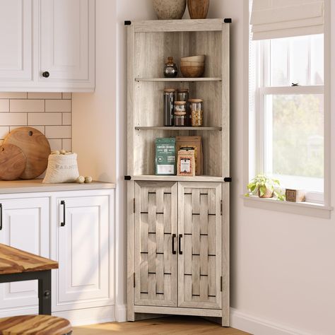 PRICES MAY VARY. Versatile Storage Solution - Measuring 24.3" L × 13" W × 68 H, this tall corner storage cabinet features three open shelves for easy access to daily essentials, while an enclosed cabinet keeps personal items neatly tucked away. Additionally, adjustable shelves cater to various storage needs Farmhouse Style Design - Featuring distinctive woven patterns, rustic wood grain finish, and iron-colored metal finishes, this farmhouse storage cabinet adds eye-catch character to your bathr Farmhouse Corner Cabinet, Tall Corner Cabinet, Cabinet For Bathroom, Farmhouse Storage Cabinets, Farmhouse Storage, Corner Storage Cabinet, Barn Door Designs, Furniture Storage Cabinets, Laminated Mdf