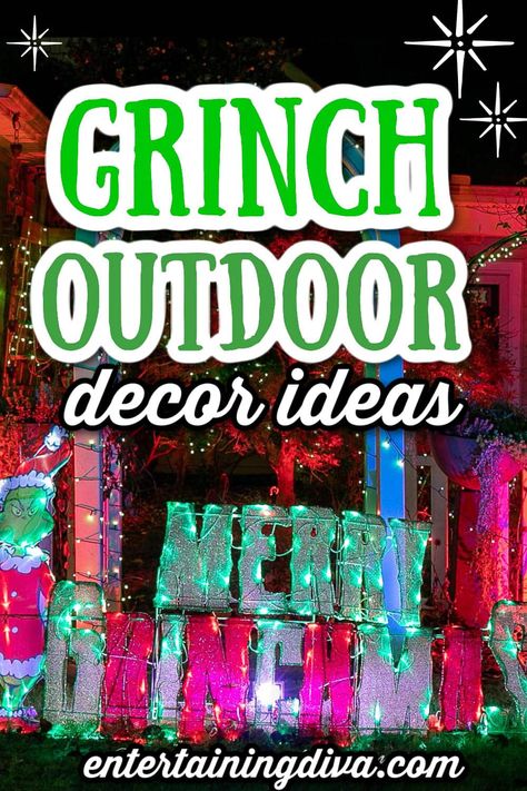 Grinch Themed Front Yard, Grinch Mailbox Ideas, Christmas Yard Displays Decorating Ideas, The Grinch Outdoor Decor, Whoville Outdoor Decorations, Outdoor Grinch Christmas Decor, Grinch Front Porch Decorations, Grinch Outdoor Decorations, Grinch Outdoor Decor