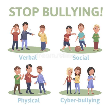 Stop bullying in the school. 4 types of bullying: verbal, social, physical, cyberbullying. Illustration about emotion, people, bullying, aggressive, stop, isolated, education - 113624711 Korban Bully, Poster About Bully, Stop Bulling Posters Drawing, Poster Bully Simpel, Poster Drama, Antibullying Ideas, School Cartoon, Kids Vector, Boy Character