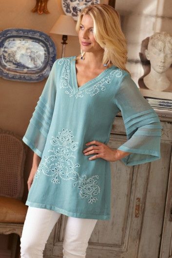 Esme Tunic - Cutwork Embroidery, Tunic Tops, Clothing | Soft Surroundings: Cutwork Embroidery, Elegante Casual, Soft Surroundings, Blue Top, Cut Work, Pakistani Fashion, Kurti Designs, Lace Tops, Indian Outfits