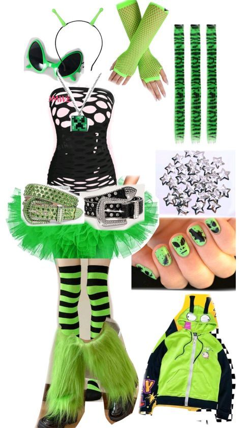 Tacky Day Spirit Week, Green Punk Outfits, Alien Core Outfits, Green Day Concert Outfit, Outfit Ideas For Ocs, Scene Aesthetic Outfits, Alien Outfit Ideas, Wacky Wednesday Outfit, Scene Outfit Ideas