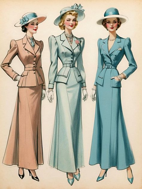 1930s Fashion Drawings, 1950s Female Fashion, 1940s Fashion Illustration, 1930 Aesthetic, 1947 Fashion, 1930s Fashion Plates, 1935 Fashion, 19s Fashion, Style Année 20