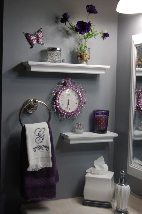 L M Cline's LLC new shelving, towel holder, towels, decor, and bath essentials Grey And Purple Bathroom Decor, Purple Restroom Ideas, Purple Black And Grey Bathroom Ideas, Purple And Green Bathroom Ideas, Purple Bathroom Ideas Decor, Purple Bathroom Ideas, Simple Bathroom Ideas, Bathroom Decor Purple, Lavender Bathroom Decor