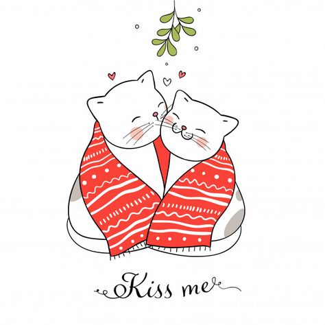 Cats kissing under a mistletoe | Premium Vector #Freepik #vector #christmas #tree #new-year #snow Christmas Drawings, Christmas Doodles, Christmas Drawing, Vector Drawing, Cat Sitting, Christmas Illustration, Illustration Inspiration, Cat Drawing, Art Journals