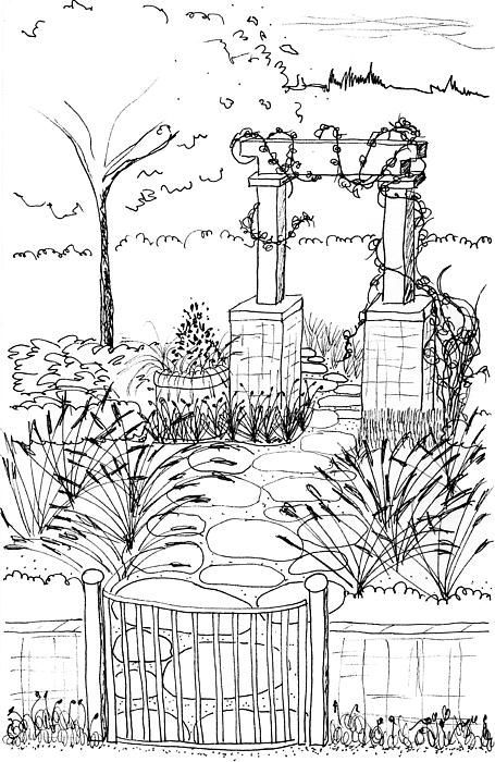 Garden Gate Drawing, Garden Sketch Drawing, Garden Drawing Simple, Gate Drawing, Flower Garden Drawing, How To Draw Stairs, Simple House Drawing, Flower Garden Plans, Landscape Architecture Drawing