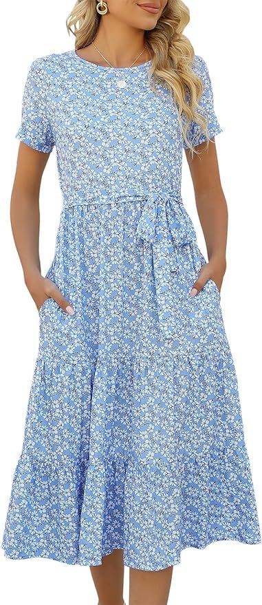 Lyrur Short Sleeve Dress with Pockets Womens O Neck Belted Tiered Midi Babydoll Floral Casual Summer Sundress(S,9191-Blu Daisy) at Amazon Women’s Clothing store Women's Dresses Casual, Dresses Casual Summer, Midi Dress Short Sleeve, Boho Sundress, Attractive Dresses, Sundress Summer, Summer Sundress, Spring Capsule Wardrobe, Dress Flowy