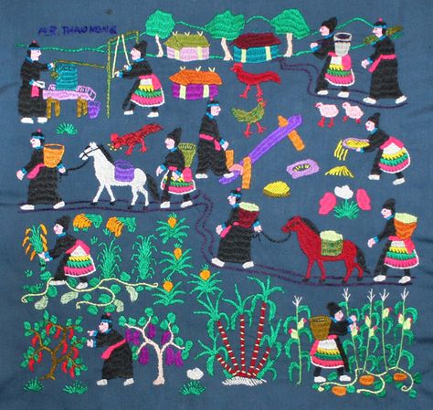 Hmong Embroidery | Embroidery: Farming Village Life and War Experience Hmong Story Cloth, Hmong Paj Ntaub, Hmong Art, Sophisticated Nursery, Hmong Embroidery, Elementary Books, Chinese Folk Art, Folk Stories, Asian Textiles