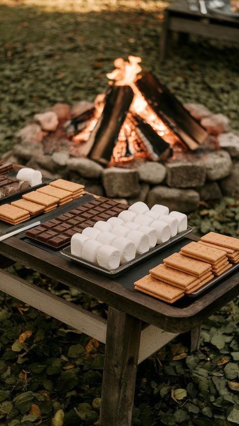 10+ Affordable Rustic Dessert Bar Ideas for A Sweet Wedding Simple Wedding Snacks, Lake Reception Ideas, S'mores Bar Ideas, S’mores Wedding Bar Ideas, Late Night Snack Wedding Ideas, S’more Station, Backyard Wedding Food Ideas Buffet, Easy Wedding Snacks, Smores Station For Party