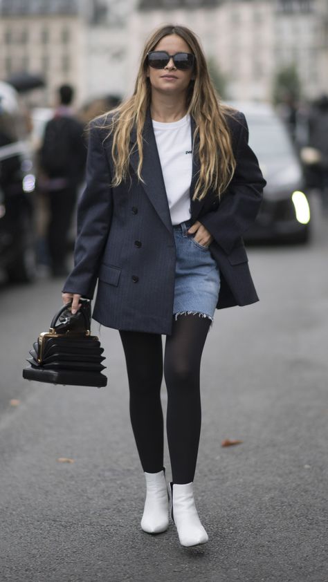 Wear Thick Black Tights With Your Distressed Denim Skirt Black Tights Outfit Fall, Stocking Outfit, Black Tights Outfit, Tights Outfits, Stockings Outfit, Fall Transition Outfits, Older Women Fashion, Distressed Denim Skirt, Popsugar Fashion