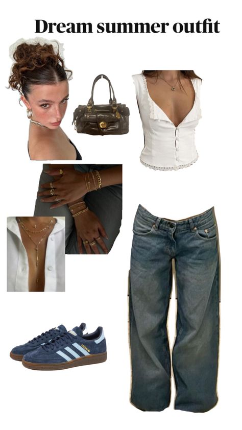 White Top, Baggy Jeans, Sleek Messy Curly Bun & Blue Adidas Sneakers Sleek Messy Bun, Cool Outfit, Jeans Outfit Summer, Cool Summer, Blue Adidas, Messy Bun, Summer Day, Baggy Jeans, White Top