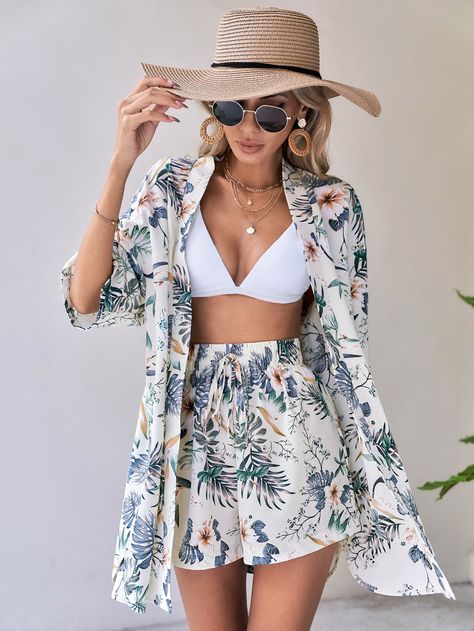 Apricot Boho Collar Three Quarter Length Sleeve  Tropical  Embellished Non-Stretch  Women Clothing Cabo Outfits, Beach Outfits Women Vacation, Casual Chic Fall, Holiday Outfits Summer, Vacation Outfits Women, Beach Party Outfits, Tropical Outfit, Fall Capsule Wardrobe, Themed Outfits