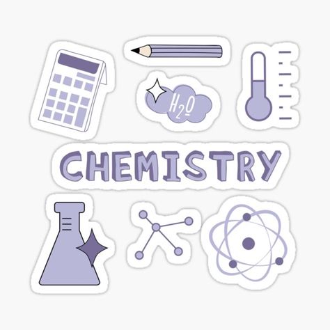 Lilac Light Purple Chemistry Subject Sticker Pack. Perfect gift for anyone heading back to College! Check out my portfolio for all the individual subject versions as I roll them out. Calculator, pencil, thermometer, H20, molecule, atoms and beaker. • Millions of unique designs by independent artists. Find your thing. School Subject Labels Aesthetic, Sampul Binder, Chemistry Subject, Stiker Printable, Procreate Stickers, School Stickers Labels, Sticker Random, Subject Labels, School Book Covers