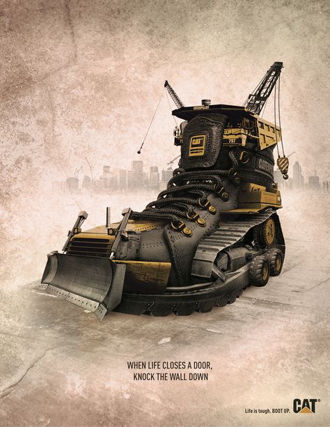 Caterpillar Work Boots Ad | Part of an ad campaign for Cater… | Flickr Army Shoes, Caterpillar Equipment, Civil Engineering Design, Mechanical Engineering Design, Illustrator Design Tutorial, Shoes Ads, Street Marketing, Guerilla Marketing, Exhibition Booth