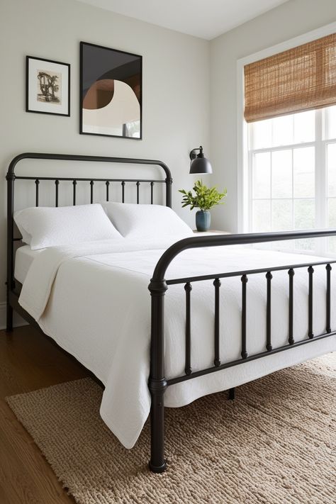 Stylish Metal Bed Frame Metal Platform Bed Frame Bedroom Ideas, Metal Bedframe Bedroom Ideas Cozy, Metal Bed Frame Ideas, Black Iron Bed Frame, Metal Frame Bed, Bed Frame Ideas, Black Iron Beds, White Metal Bed Frame, Full Metal Bed Frame