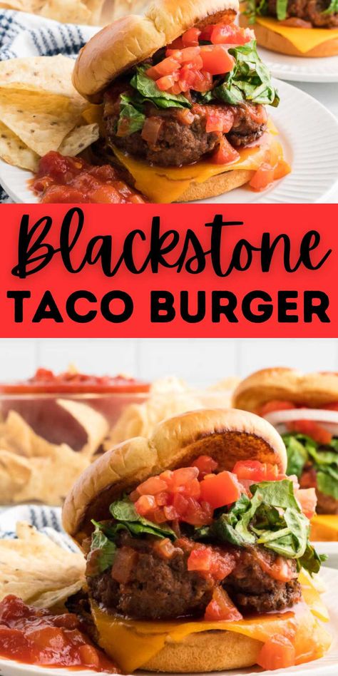 Blackstone Taco Burger Recipe - grillonadime.com How To Cook Hamburgers, Smash Burger Recipe, Taco Burger, Ultimate Burger, Blackstone Recipes, How To Cook Burgers, Ground Beef Tacos, Burger Toppings, Hamburger Patties