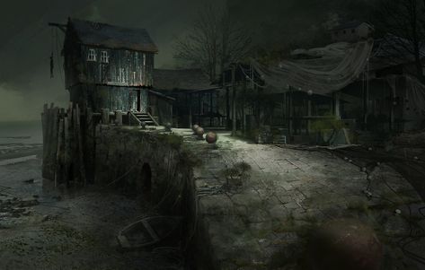 ArtStation - fish docks, Christian Bravery Dock Art, Fantasy Village, The Evil Within, Dark City, World Of Darkness, Fantasy City, Fantasy Places, Fantasy Setting, Dark Places