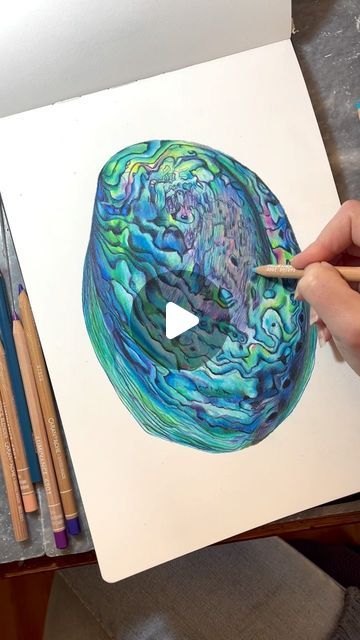 Steph Canty on Instagram: "My Abalone (Paua) shell!! 🐚 I’ve drawn a love heart in there somewhere, can anyone find it?? 👀  ✨✨✨ This is drawn with @prismacolor and @carandache pencils in my @hahnemuehle_global watercolour sketchbook, thick paper needed for all those layers 👌🏼  ✨✨✨  #shelldrawing #prismacolor #prismacolorpremier #carandache #carandacheluminance #colourpencil #colorpencil #colourpencildrawing #colorpencilart #iridescence #luminous #vibrantart #pencildrawing #pencilart #seashell #paua #pauashell #abalone #abaloneshell #colourfulart #vibrantart" Abalone Painting, Paua Shell Art, Shell Artwork, Shell Drawing, Prismacolor Art, Caran D'ache, Colored Pencil Artwork, Maori Art, Paua Shell