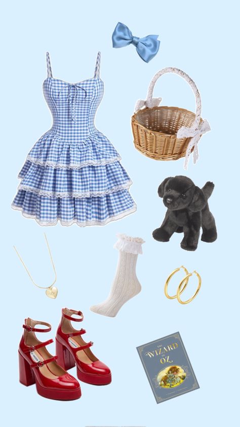 #dorothy #fit #outfit #wizardofoz #wicked #musical #aesthetic #dog #halloween #blue #books #movies Wicked Musical Aesthetic, Dorothy Halloween Costume, Musical Aesthetic, Dorothy Costume, Scarecrow Costume, World Book Day Costumes, Classy Halloween Costumes, Book Day Costumes, Aesthetic Dog