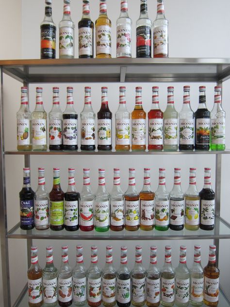 Monin Syrup Collection Syrup Bar, Cafe Design Inspiration, Monin Syrup, Hawaii Living, Bookstore Design, Coffee Inspiration, Soda Bar, Cafe Counter, Drinks Recipe