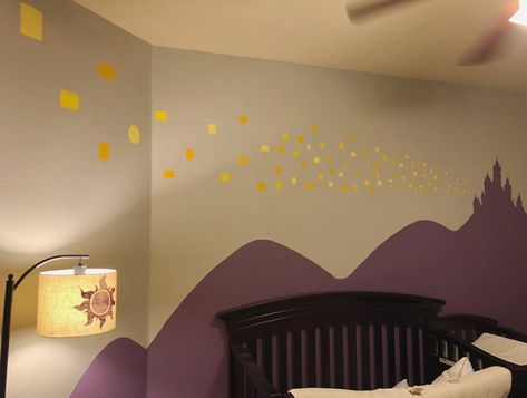 Disney Castle Nursery, Tangled Inspired Nursery, Rapunzel Nursery Theme, Tangled Rapunzel Room Decor, Tangled Themed Nursery, Tangled Bedroom Ideas, Rapunzel Wall Painting, Tangled Nursery Theme, Tangled Mural