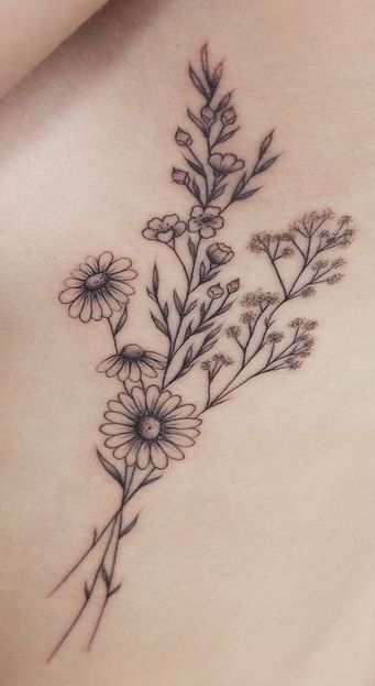 Daisy Bundle Tattoo, Sweet Pea And Daisy Tattoo Birth Flowers, Bundle Of Daisies Tattoo, Wildflower Tattoo Collar Bone, Wildflower Bundle Tattoo, Daisy And Sweet Pea Tattoo Birth Flower, Flower Bundle Tattoos, Bundle Of Flowers Tattoo, Daisy Tatoos