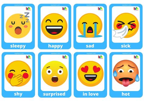 Feelings - Ezpzlearn.com Emotion Flashcards Free Printable, Feelings Flashcards Free Printable, Emoji Words, Feelings Games, Feelings Faces, Feelings Activities, English Activities For Kids, Drama Class, Kindergarten Learning Activities