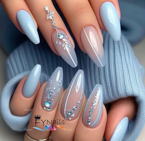 Wedding Nails Blue And White, Baby Blue Nails Ideas, Almond Nail Design Ideas, White Blue Nails, Cinderella Nails, Blue Wedding Nails, Cherry Blossom Nails Art, Cherry Blossom Nails, Baby Blue Nails