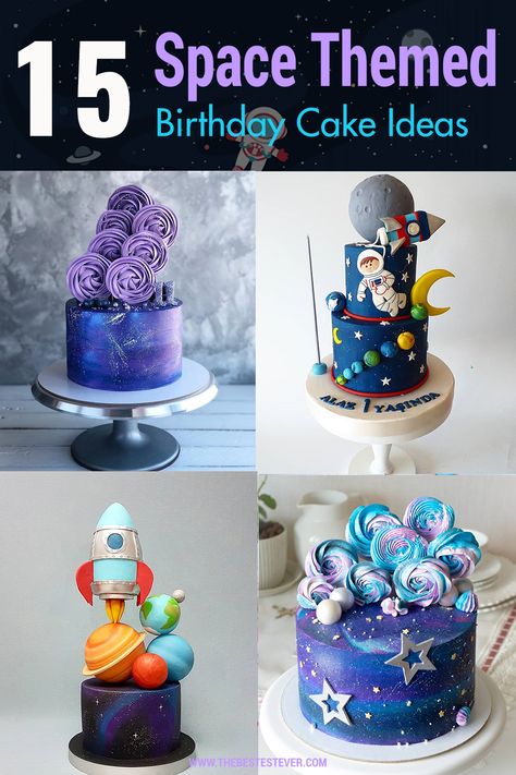 We highlight 15 of the best space birthday cakes that are perfect for an outer-spaced themed party.  These cakes are perfect for a boy or girl and they range from having everything from astronauts, rocket ships, stars, planets and much more.   #spacebirthday #spacebirthdaycakes #spacecakes Moon Cakes Birthday, Planets Themed Birthday Party, Space Cake Decorating, Outer Space 1st Birthday Cake, Space Birthday Desserts, Space Galaxy Cake, Space Bday Cake, Outer Space Theme Cake, Rocket Ship Cake Space Theme