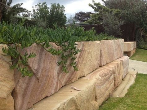 Sandstone Block Retaining Wall, Sandstone Retaining Wall, Sandstone Blocks, Stone Walls Garden, Garden Retaining Wall, Sandstone Wall, Australian Native Garden, Stone Retaining Wall, Landscaping Retaining Walls