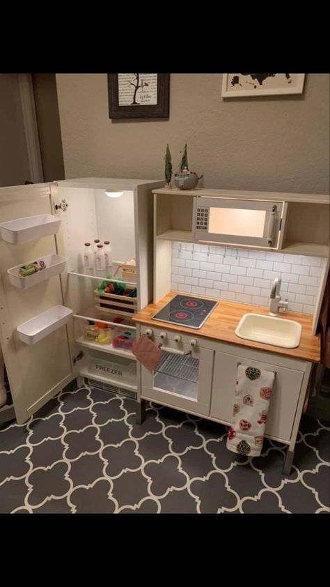 Ikea Kids Kitchen Accessories, Diy Ikea Toy Kitchen, Play Refrigerator Diy Ikea, Ikea Play Kitchen With Fridge, Play Kitchen Ikea Hack, Cute Play Kitchen, Montessori Play Kitchen Diy, Refurbished Play Kitchen, Ikea Play Kitchen Storage