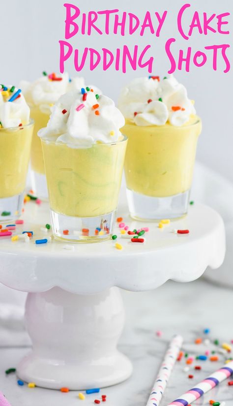 These Birthday Cake Pudding Shots are the only way you should celebrate! Cake Vodka, cake mix, and vanilla pudding! Easy to make and easier to eat! Vodka Pudding Shots, Birthday Cake Pudding Shots, Cake Pudding Shots, Birthday Cake Pudding, Vanilla Pudding Shots, Birthday Cake Shots, Pudding Shot Recipes, Shake Drink, Jello Pudding Shots