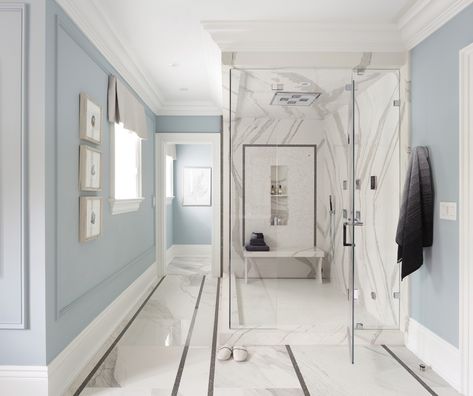 Showstopping Cambria Showers Scott Mcgillivray, Bath Trends, Master Shower, Shower Walls, Black And White Tiles, Shower Surround, Bath Ideas, Tile Flooring, Blue Bathroom