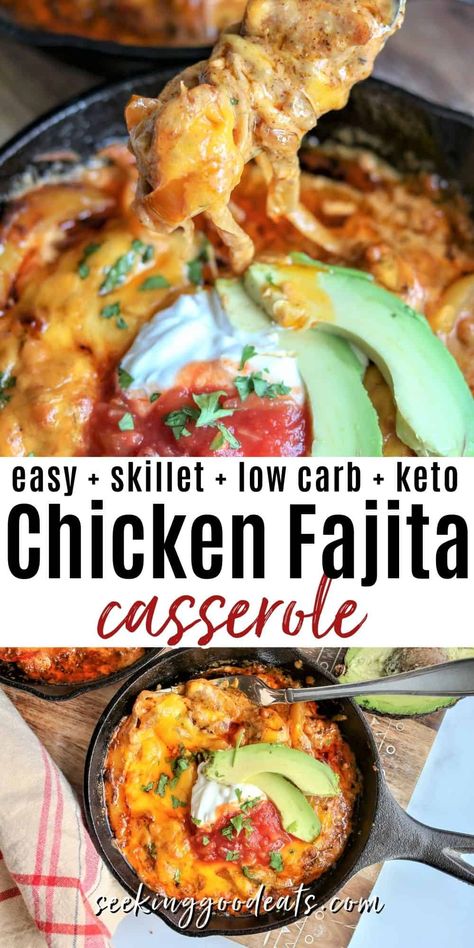 Skillet Chicken Fajitas Casserole (Low Carb and Keto) is a super delicious and EASY Mexican recipe! 8 ingredients and one-pan from stovetop to oven! Full of your favorite fajitas flavors, but in a tasty casserole. Yum. This keto chicken casserole is the perfect low carb meal for the whole family. A cast-iron skillet meal makes weeknight dinners so much easier. An easy keto recipe for beginners too! #keto #lowcarb #chicken #mexicanfoodrecipes #seekinggoodeats #skillet #fajitas #tacotuesday #... Chicken Fajitas Casserole, Fajitas Casserole, Skillet Fajitas, Skillet Chicken Fajitas, Casserole Low Carb, Fajita Casserole, Fajita Seasoning Mix, Keto Chicken Casserole, Chicken Fajita Casserole