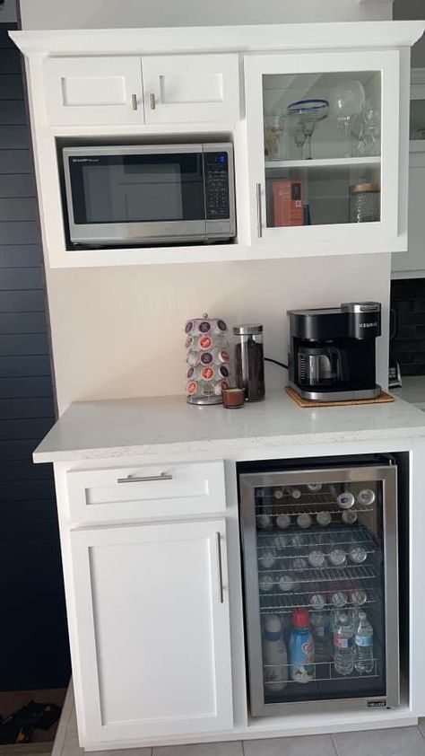 Mini Fridge In Mudroom, Mini Fridge Built In Cabinet Diy, Kitchenette No Sink, Bedroom With Kitchenette, Mini Kitchen In Bedroom, Kitchenette Full Size Fridge, Simple Basement Kitchenette, Kitchenette Without Sink, Basement Kitchenette With Full Size Fridge