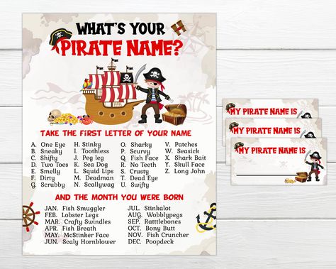 What is your Pirate Name game. INSTANT DOWNLOAD Instant Printable party game. Pirate birthday party game, What's your Pirate name game Walk The Plank Game, Pirate Name Generator, Pirate Name, Boy Party Games, Pirate Party Games, Gender Neutral Invitations, Pirate Names, Birthday Party Game, Name Game