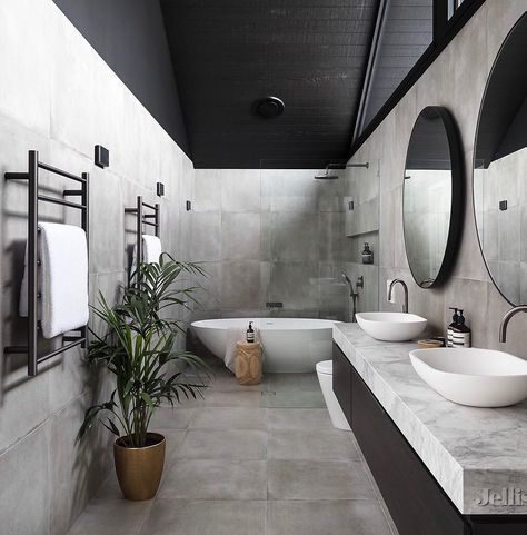 Stylesourcebook.com.au on Instagram: “Bathroom inspiration by @mls_built from their Northcote project. Love the contrast of the black raked ceiling against those tiles 🖤…” Windows In Bathroom, Granite Bathroom, New Bathroom Ideas, Bathroom Ceiling, Bathroom Goals, Black Ceiling, Bathroom Top, In Bathroom, Beautiful Bathrooms