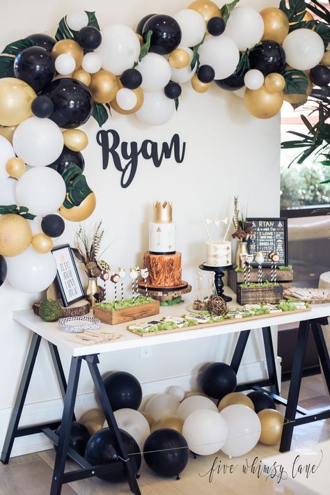 "Where The Wild Things Are" First Birthday Party - Five Whimsy Lane Husband Birthday Decorations, Husband Birthday Parties, Mr Onederful Birthday, Decoration Birthday Party, Birthday Party Photography, Wild One Birthday Party, Men Birthday, Garland Arch, Black Balloons