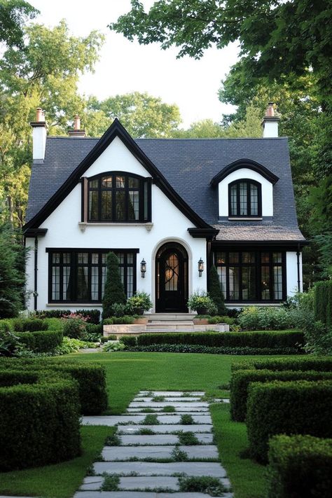 English Homes Exterior, House With Black Accents, Modern Cottage House Exterior, House Inspo Exterior, Modern British House, Modern Cottage Exterior, Scandinavian House Exterior, Cozy House Exterior, Modern Classic House