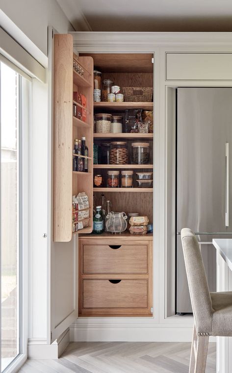 Classic Pantry Design, Narrow Kitchen Cabinets, Luxury Pantry, Modern Family Kitchen, Tom Howley Kitchens, Kitchen Larder Cupboard, Tiny Pantry, Tom Howley, Pantry Goals